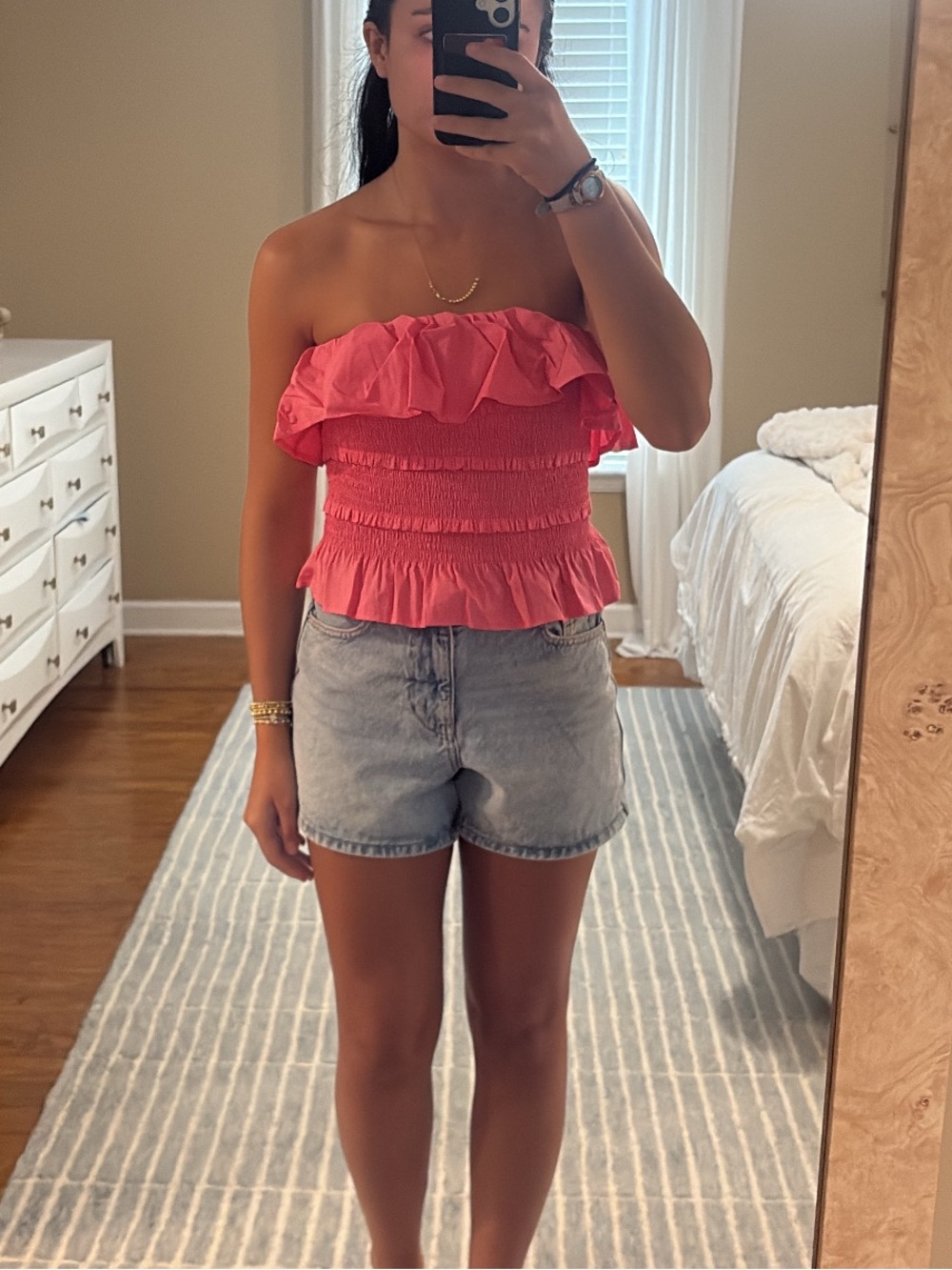 Strapless Ruffle Smocked Crop Top - Pink